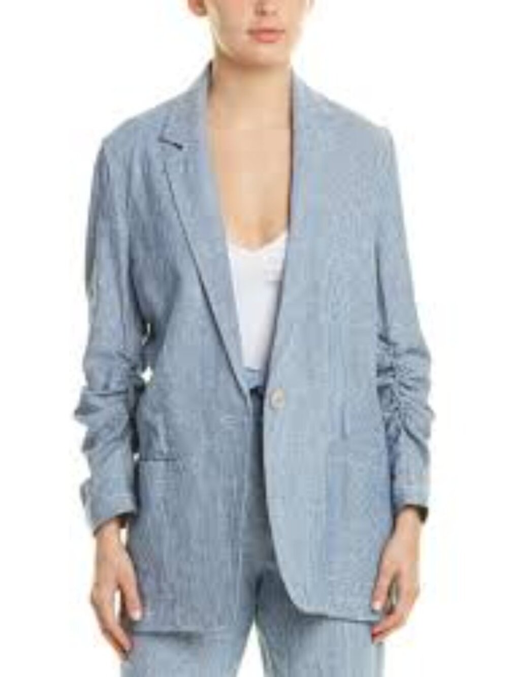 Max Studio Blue White Pinstripe Chambray Ruched Sleeve Linen Blend Jacket Sz XS